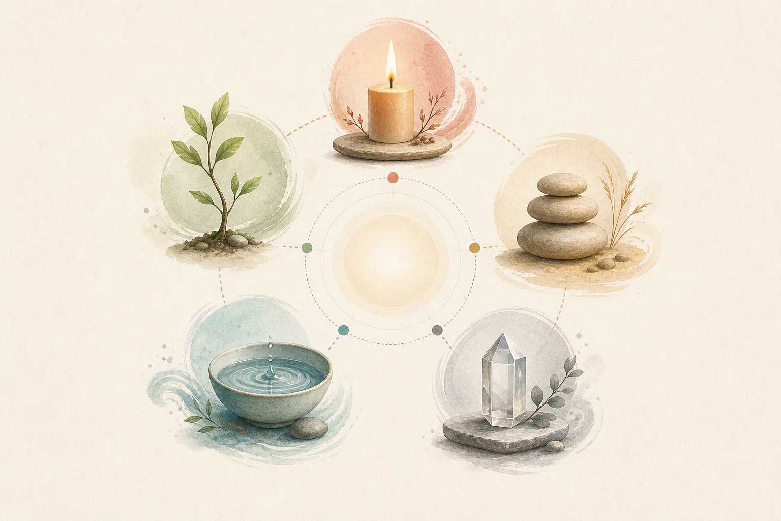 A soft educational diagram showing five natural modes: growth, warmth, grounding, clarity, and depth.