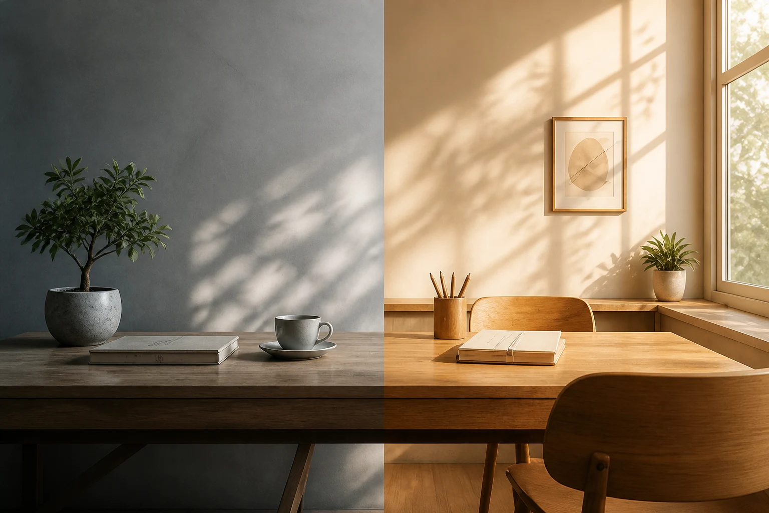 A calm workspace split between a quiet shaded desk and a warm sunlit desk, representing inward responsiveness and outward initiative.