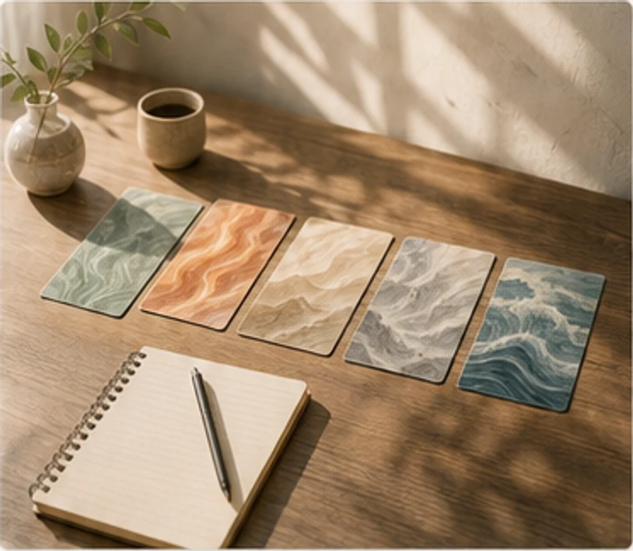 A calm desk scene with a notebook and five abstract cards representing the Five Elements.
