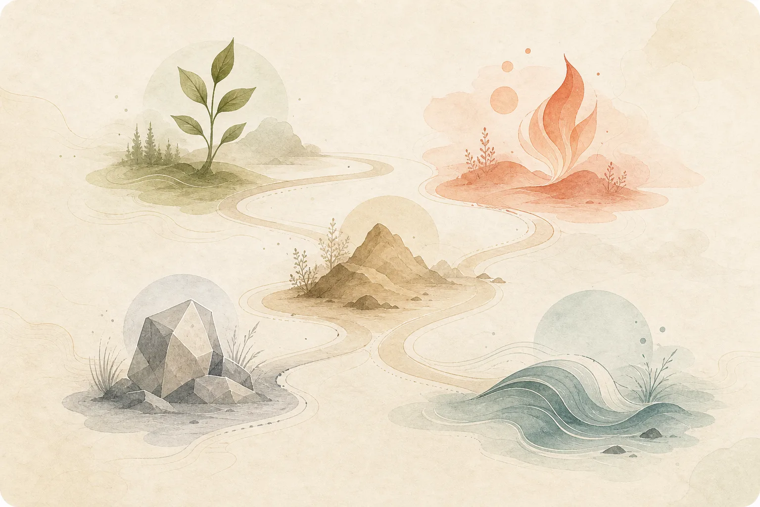 A calm illustrated map connecting five elemental patterns: wood, fire, earth, metal, and water.